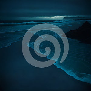 Bioluminescent algae in the ocean, luminous landscape