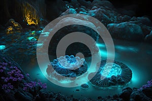 Bioluminescent ethereal water elementals nesting in a rock pool