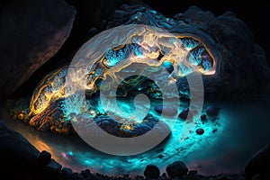 Bioluminescent ethereal water elementals nesting in a rock pool