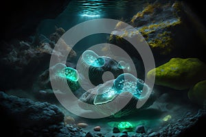 Bioluminescent ethereal water elementals nesting in a rock pool