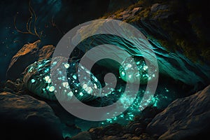 Bioluminescent ethereal water elementals nesting in a rock pool