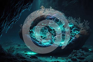 Bioluminescent ethereal water elementals nesting in a rock pool