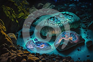 Bioluminescent ethereal water elementals nesting in a rock pool