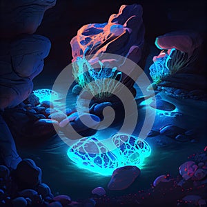 Bioluminescent etherial water elements background. AI render.