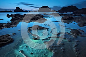 bioluminescent foam swirling in a tidal pool at low tide