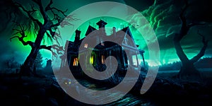 Bioluminescent Haunted House a spooky haunted house with bioluminescent ghosts,