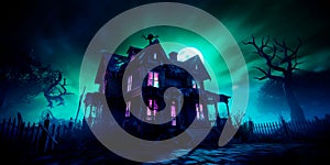 Bioluminescent Haunted House a spooky haunted house with bioluminescent ghosts,