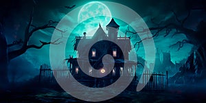 Bioluminescent Haunted House a spooky haunted house with bioluminescent ghosts,