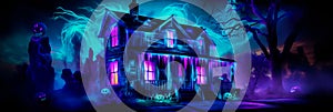 Bioluminescent Haunted House a spooky haunted house with bioluminescent ghosts,