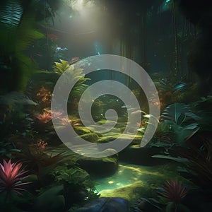 A bioluminescent jungle filled with exotic flora and fauna that emit a soft, ethereal glow2