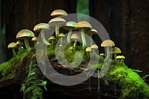 bioluminescent mushrooms on mossy log