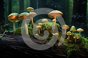 bioluminescent mushrooms on mossy log