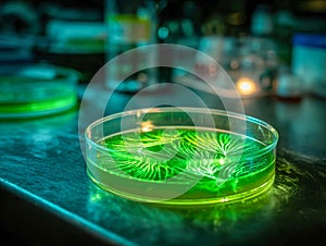 Bioluminescent neural network pattern in a petri dish illuminated in green