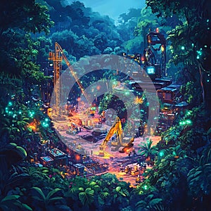 Bioluminescent Solarpunk Construction Zone in Lush Woodland photo