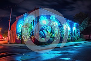 bioluminescent street art murals with illuminated graffiti