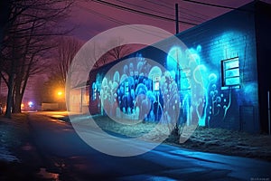 bioluminescent street art murals with illuminated graffiti