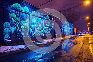bioluminescent street art murals with illuminated graffiti