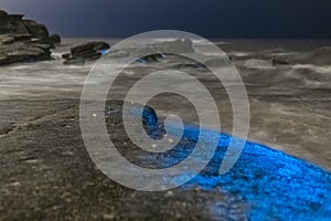 Bioluminescent tide glows on some rocks in La Jolla, California