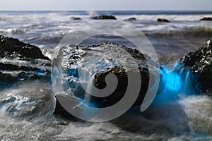 Bioluminescent tide glows on some rocks in La Jolla, California photo