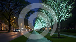 Bioluminescent trees lining sidewalks, AI generated image
