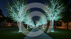 Bioluminescent trees lining sidewalks, AI generated image