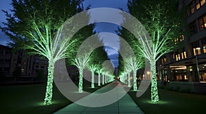 Bioluminescent trees lining sidewalks, AI generated image