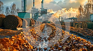 Biomass energy production facilities processing organic waste into biofuels or electricity, showcasing the recycling of