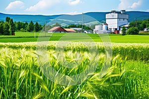 biomass power plant with green fields surrounding