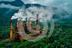 Biomass power plant surrounded by lush forests, where organic waste and agricultural residues are converted into