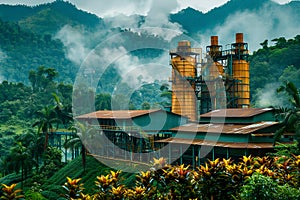 Biomass power plant surrounded by lush forests, where organic waste and agricultural residues are converted into