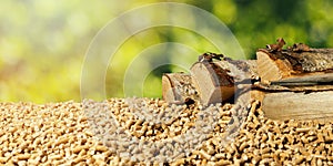 Biomass - wood pellets and birch firewood on green leaf background. renewable energy