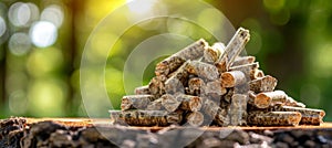 Biomass wood pellets stack on blurred background with copy space for text placement