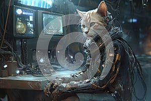 Biomechanical cable connected cat that blend human physiques with machines illustration generative ai