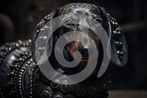 Biomechanical Dachshund Dog that blend human physiques with machines illustration generative ai