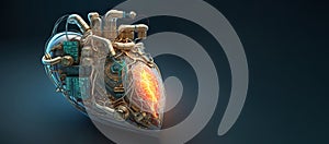 A biomechanical golden heart of wires and glowing light. Generated AI