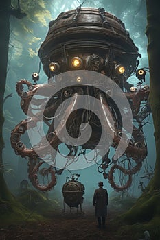 Biomechanical steampunk creature with robotic parts eyes guarding an ancient chest in a mystic forest