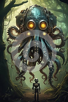 Biomechanical steampunk creature with robotic parts eyes guarding an ancient chest in a mystic forest