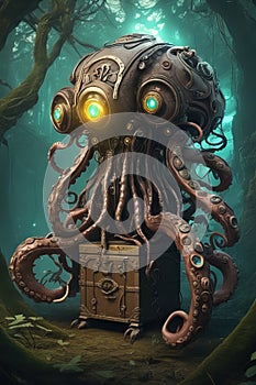 Biomechanical steampunk creature with robotic parts eyes guarding an ancient chest in a mystic forest