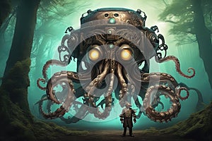 Biomechanical steampunk creature with robotic parts eyes guarding an ancient chest in a mystic forest