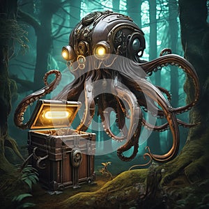 Biomechanical steampunk creature with robotic parts eyes guarding an ancient chest in a mystic forest