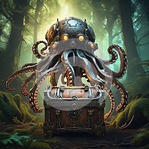 Biomechanical steampunk creature with robotic parts eyes guarding an ancient chest in a mystic forest