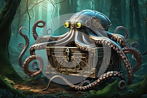 Biomechanical steampunk creature with robotic parts eyes guarding an ancient chest in a mystic forest