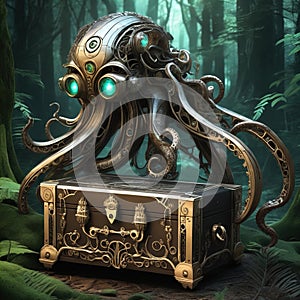 Biomechanical steampunk creature with robotic parts eyes guarding an ancient chest in a mystic forest