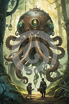 Biomechanical steampunk creature with robotic parts eyes guarding an ancient chest in a mystic forest