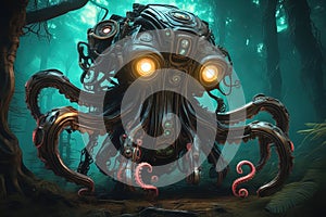 Biomechanical steampunk creature with robotic parts eyes guarding an ancient chest in a mystic forest