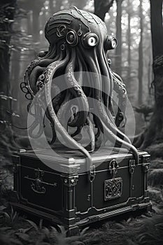 Biomechanical steampunk creature with robotic parts eyes guarding an ancient chest in a mystic forest