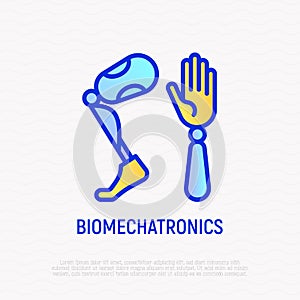 Biomechatronics thin line icon, prothesis of hand and leg for disabled people. Modern vector illustration
