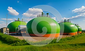 Biomethane plant for production green energy. Hemispheric tanks for safe energy generation at sunny daytime. Generative AI photo