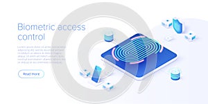 Biometric access control in isometric vector illustration. Fingerprint screening security system concept. Digital touch scan photo