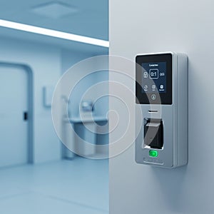 A biometric access control panel is mounted on a wall in a high-tech, futuristic room